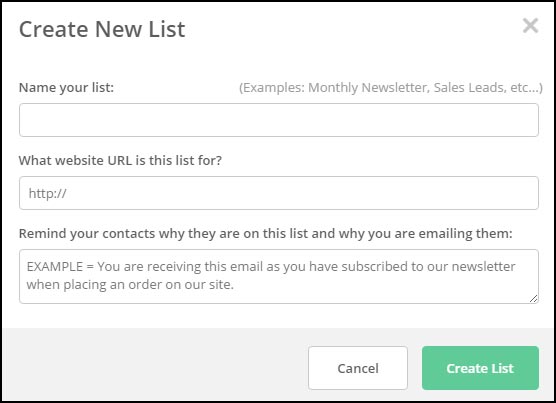 The dialog box from ActiveCampaign to create a new email list...