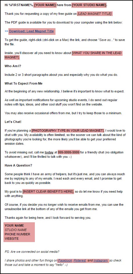 The sample welcome email template...