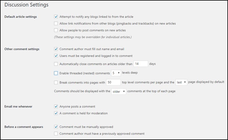 How To Build A Photography Website With WordPress: The discussions settings page in the WordPress dashboard.