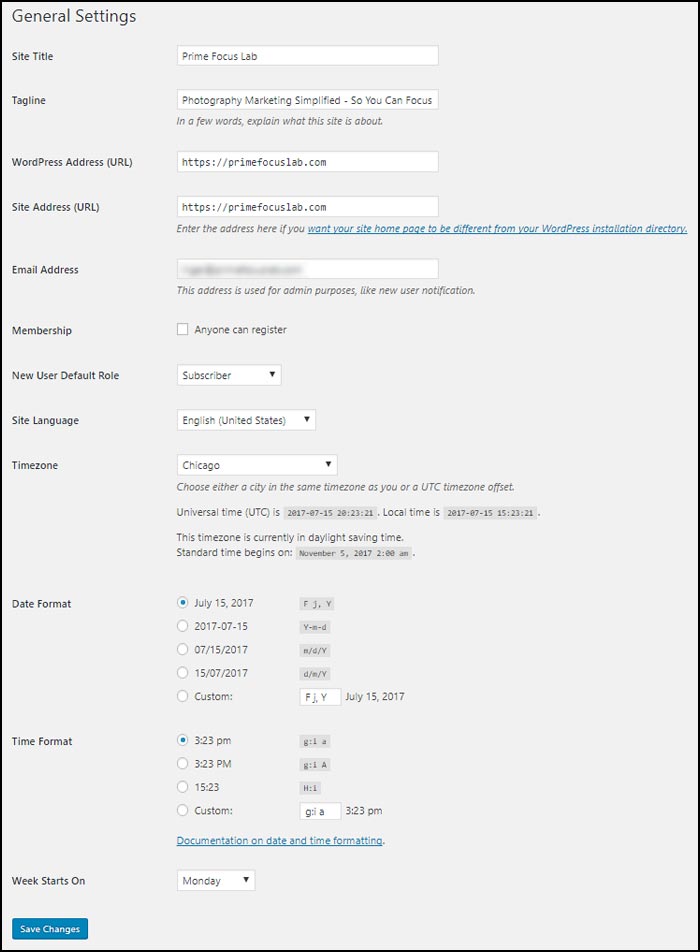 How To Build A Photography Website With WordPress: The general settings screen from your WordPress dashboard.