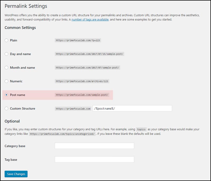 The permalink settings screen for WordPress.